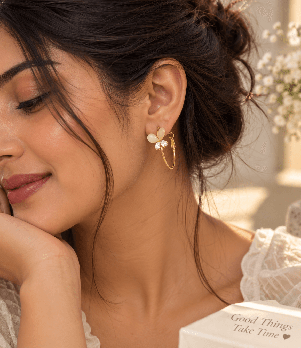 Ivory Petal Hoop Earrings. view 2