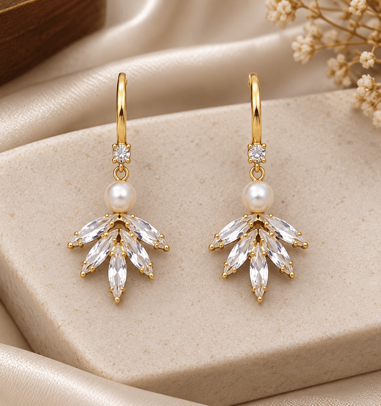 Pearl Crystal Leaf Drop Earrings.