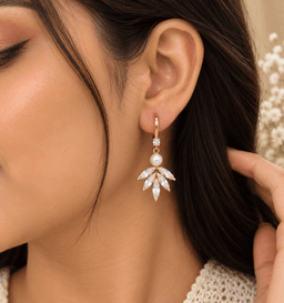 Pearl Crystal Leaf Drop Earrings. thumbnail 2