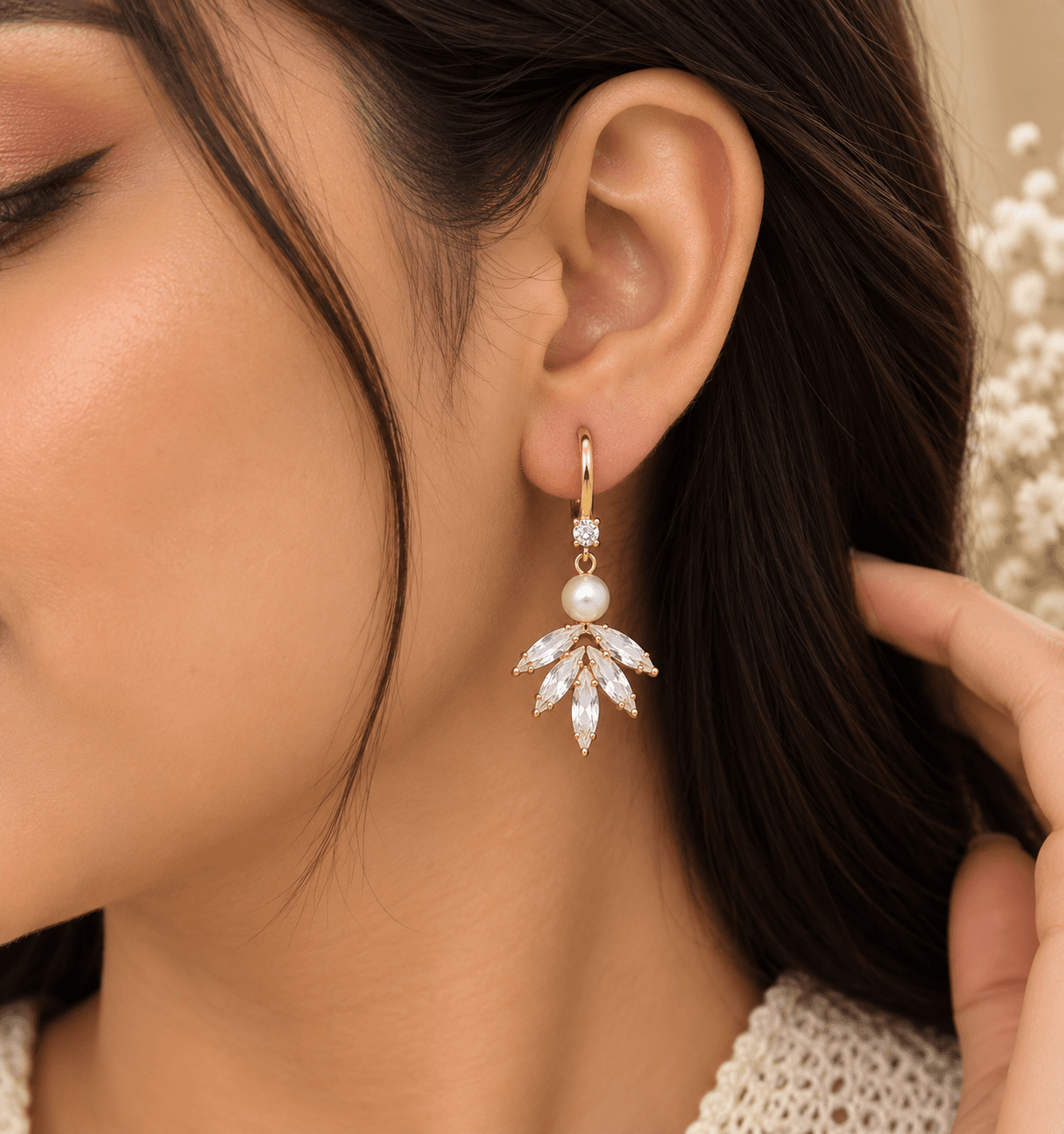 Pearl Crystal Leaf Drop Earrings. view 2