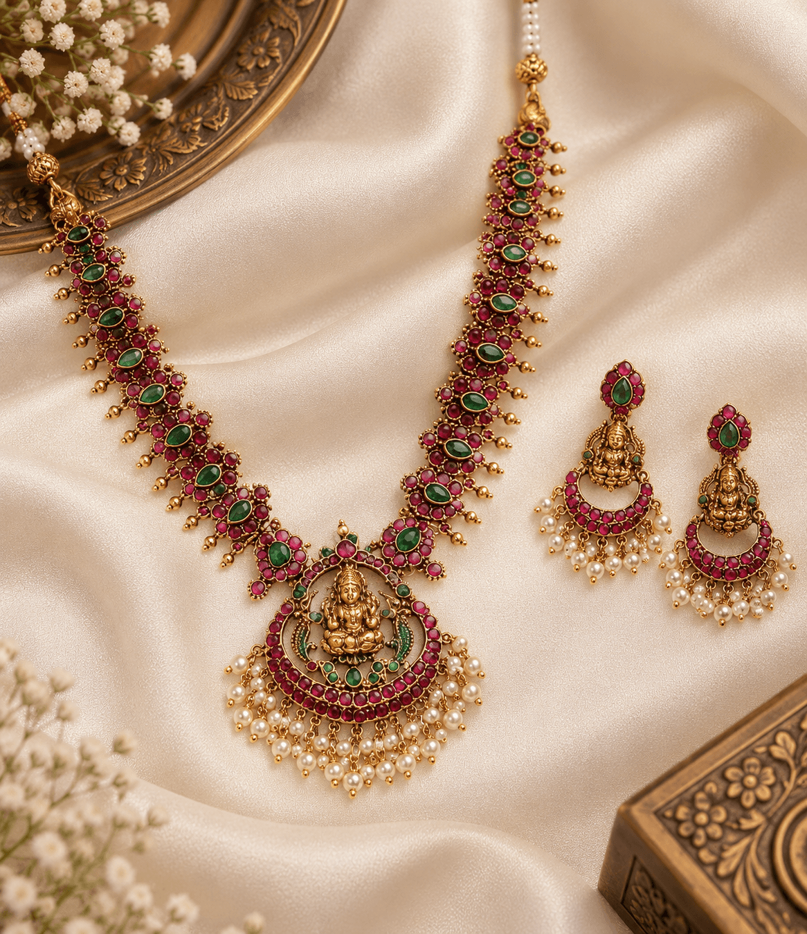 Vaishnavi Ruby Emerald Temple Necklace Set