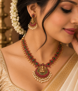Vaishnavi Ruby Emerald Temple Necklace Set thumbnail 2