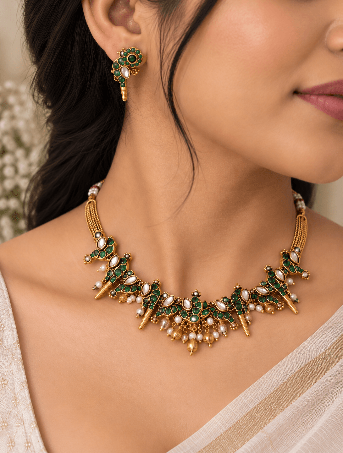 Mayurika Emerald Necklace Set view 2