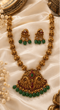 Padmavati Emerald Peacock Temple Necklace Set thumbnail 1