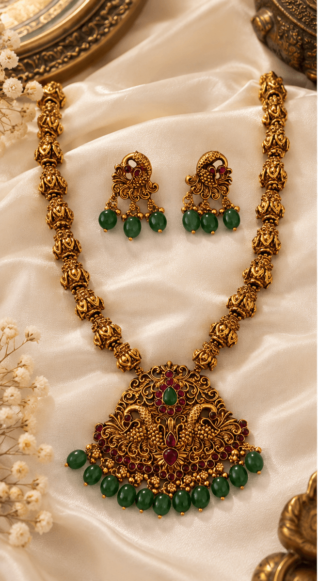 Padmavati Emerald Peacock Temple Necklace Set