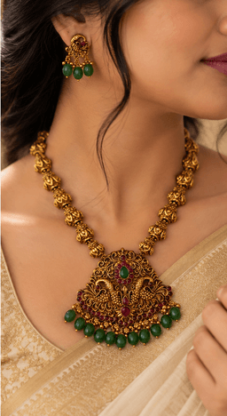 Padmavati Emerald Peacock Temple Necklace Set thumbnail 2