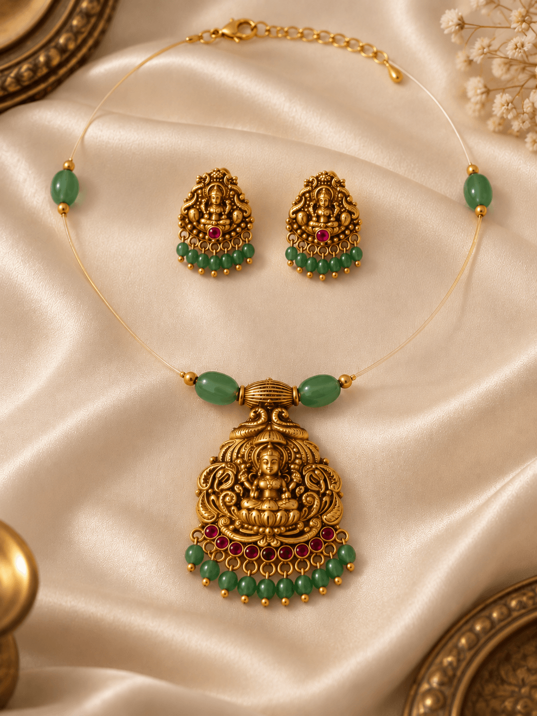 Lakshmika Emerald Temple Pendant Set