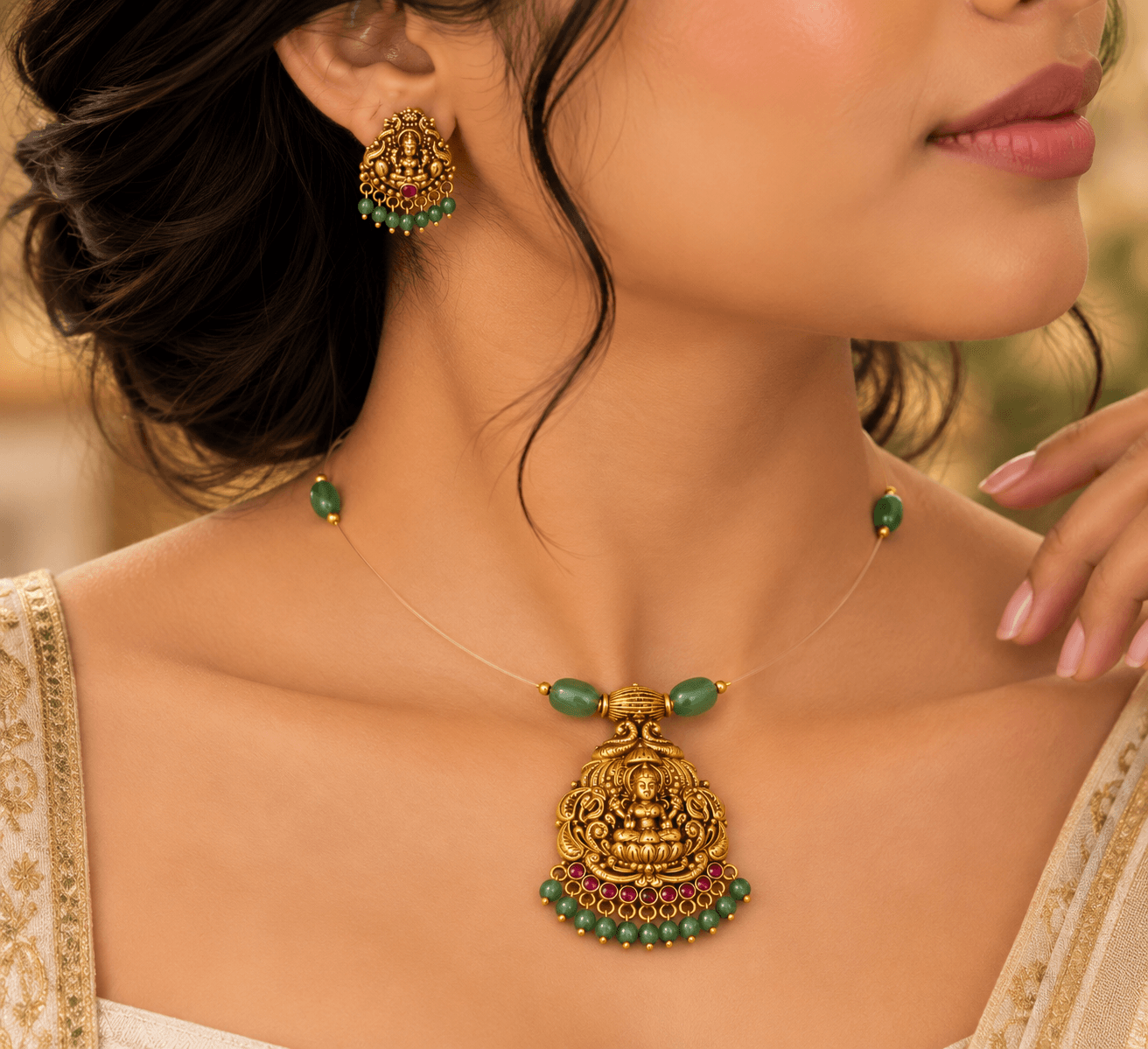 Lakshmika Emerald Temple Pendant Set view 2