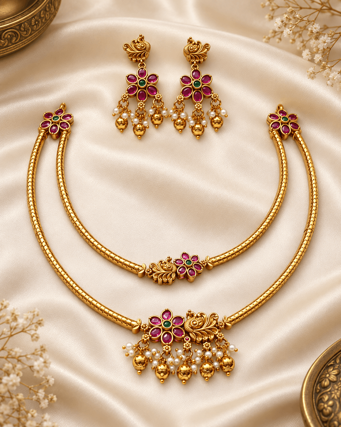 Mayurika Ruby Pearl Layered Necklace Set