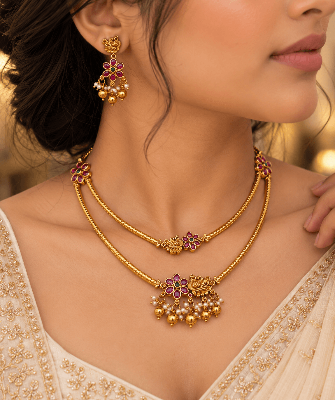 Mayurika Ruby Pearl Layered Necklace Set view 2