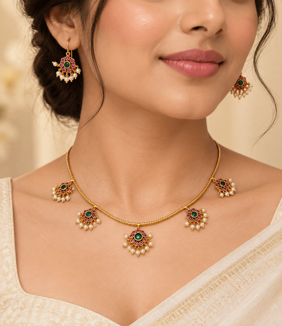 Varnika Emerald Pearl Necklace Set view 2