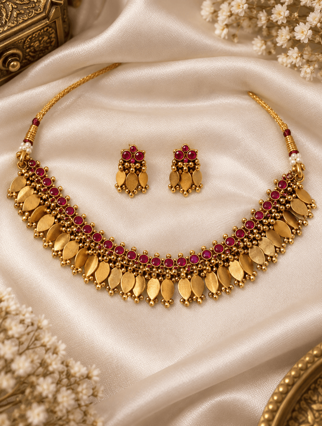Tharika Ruby Leaf Necklace Set