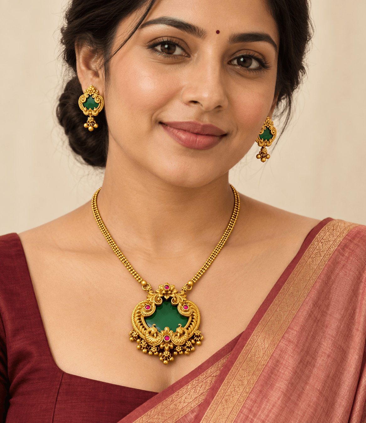 Mayurika Green Peacock Necklace Set view 3