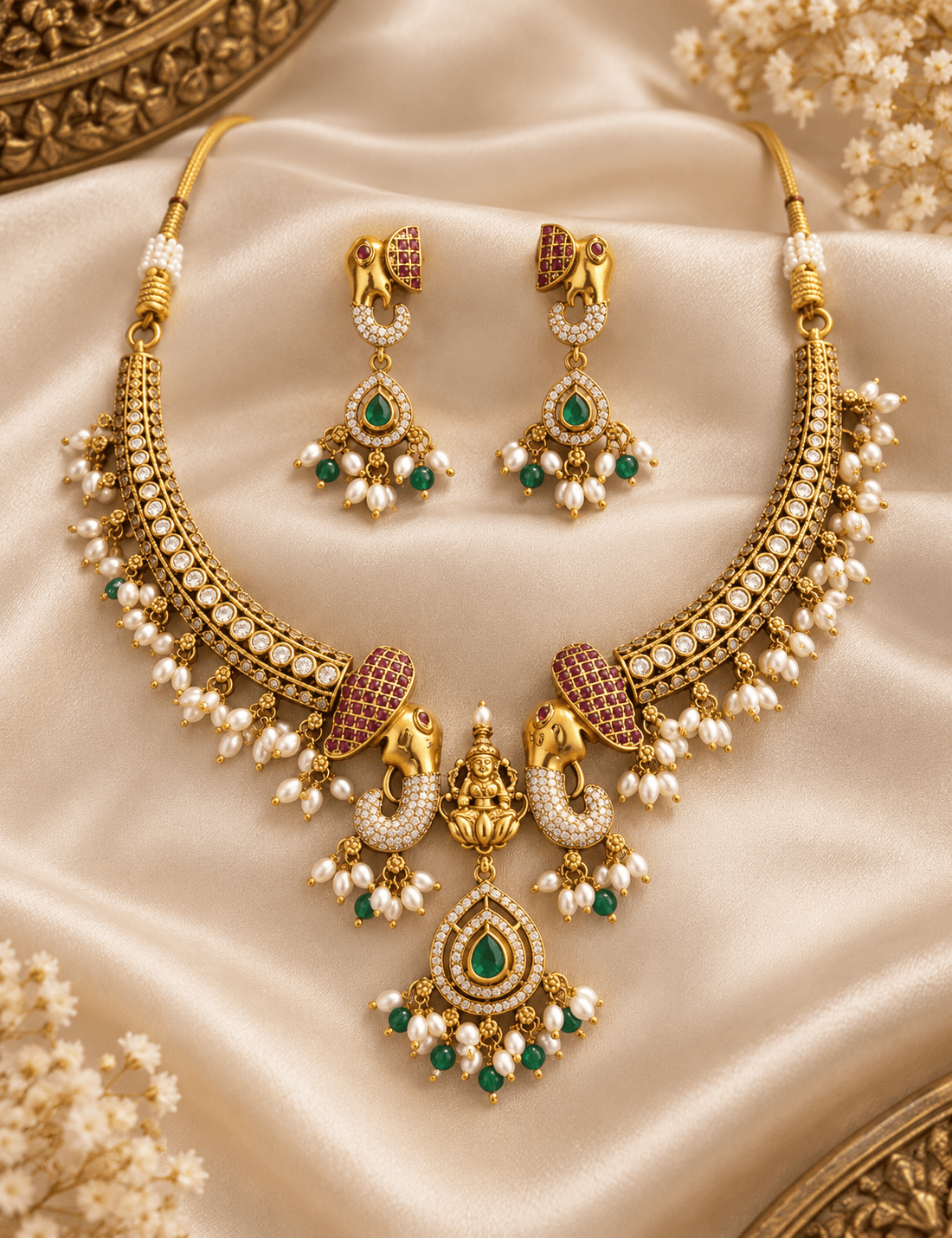Gajalakshmi Emerald Necklace Set