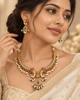 Gajalakshmi Emerald Necklace Set thumbnail 2
