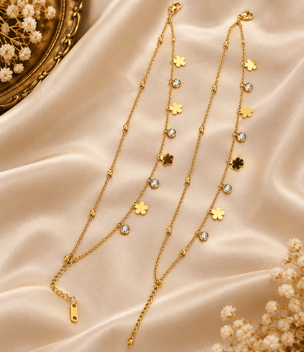 Clover Sparkle Layered Anklet Pair