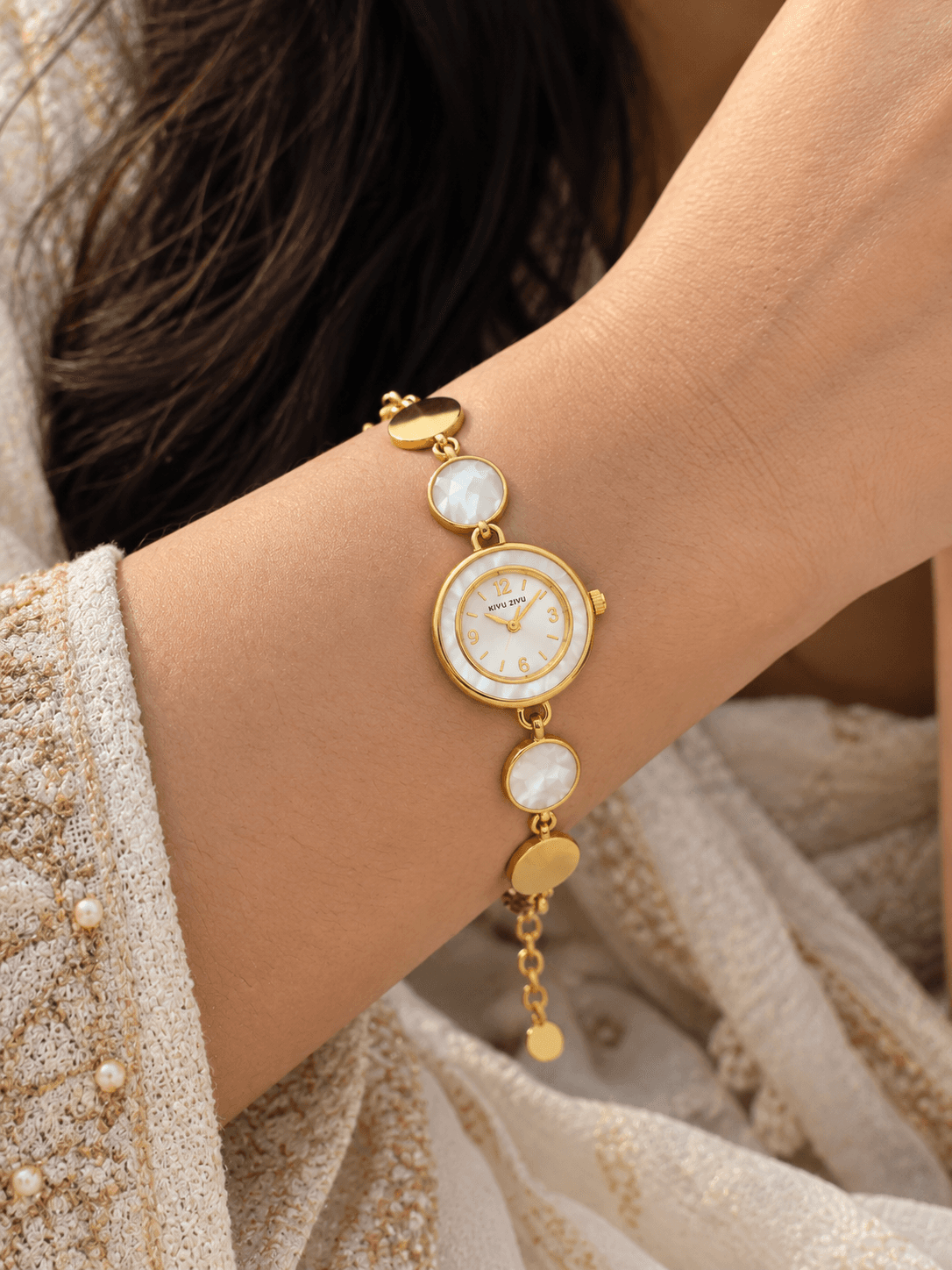 Pearl Halo Gold Watch view 2