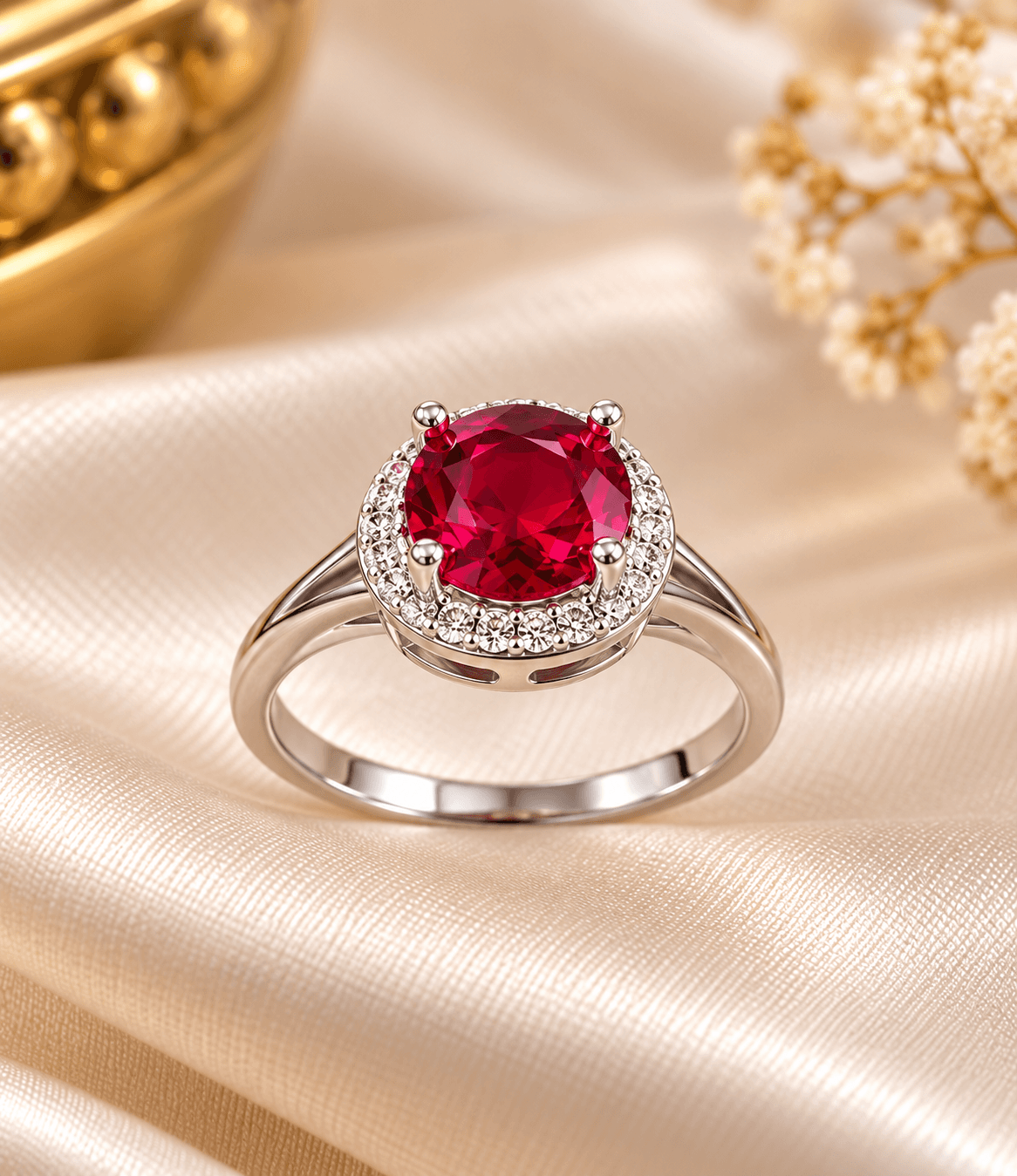 Ruby Halo Solitaire Ring